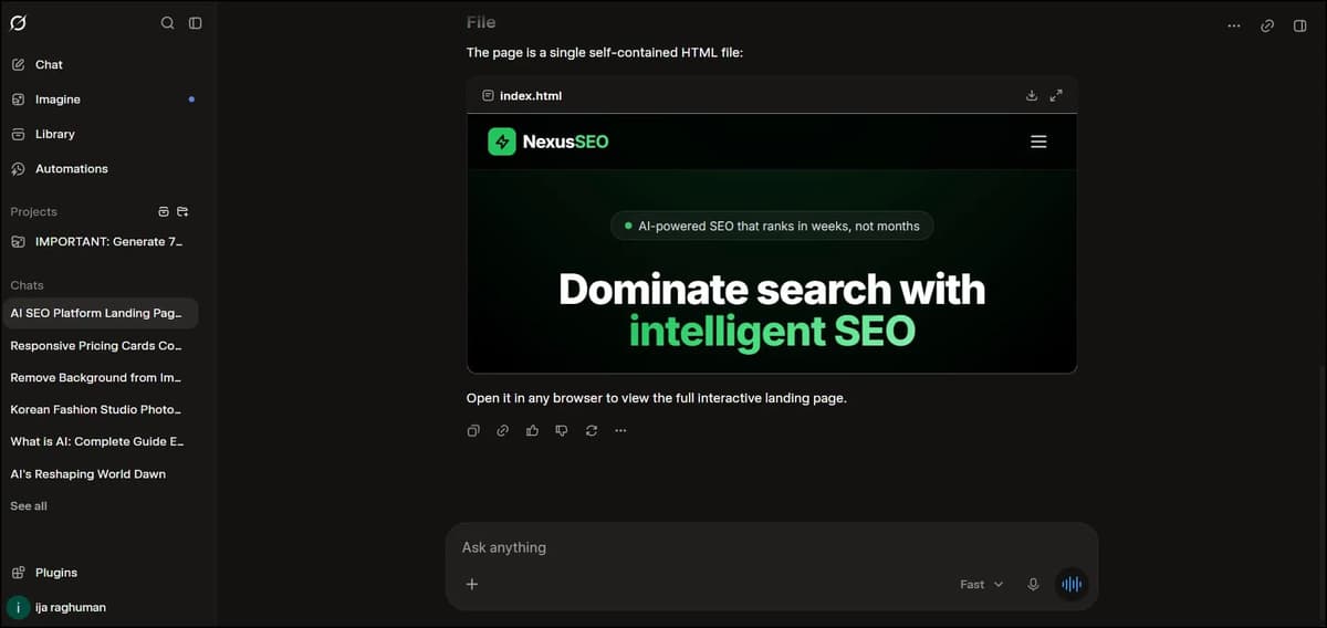 Grok website-building interface showing an AI SEO landing page
